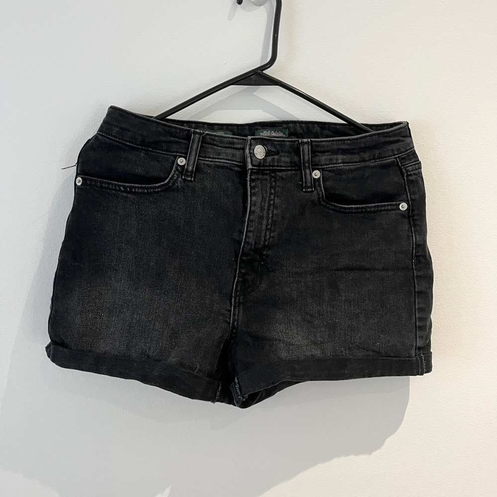 size 8 wild fable high waisted black denim shorts, worn in